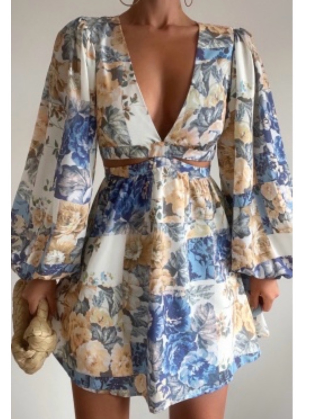 Showpo Blue & Cream Floral Deep V Mini Dress